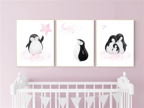 Penguin nursery, pink nursery wall art, girl nursery, baby room wall ...