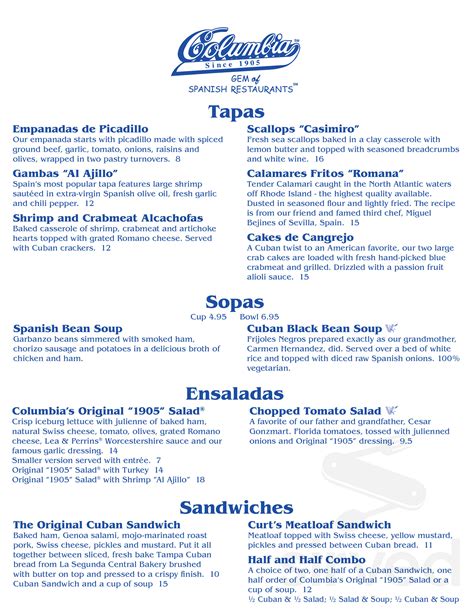 Columbia Restaurant Sand Key menu in Clearwater, Florida, USA