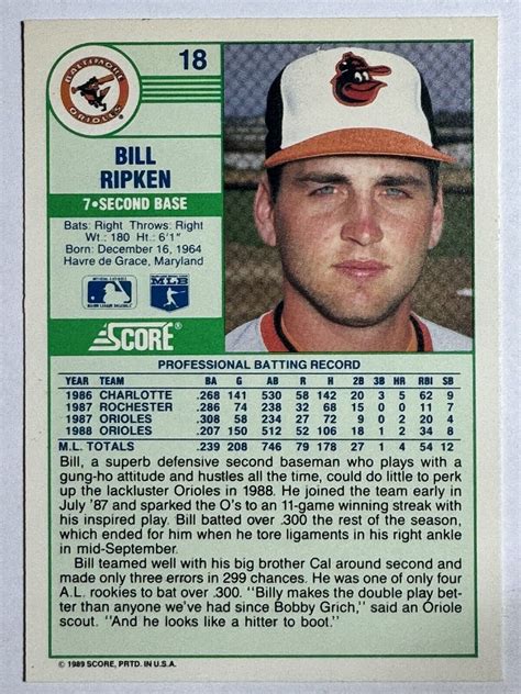 BILLY RIPKEN Baltimore Orioles, Rangers, Indians 1989 Score Baseball ...