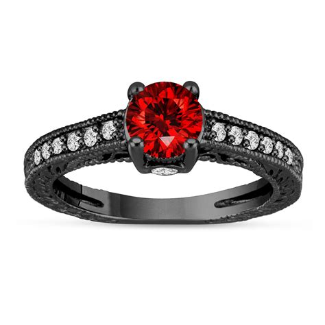 Fancy Red Diamond Engagement Ring 14K Black Gold Vintage Antique Style ...