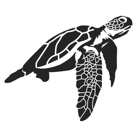 a black and white silhouette of a sea turtle with its head turned to ...