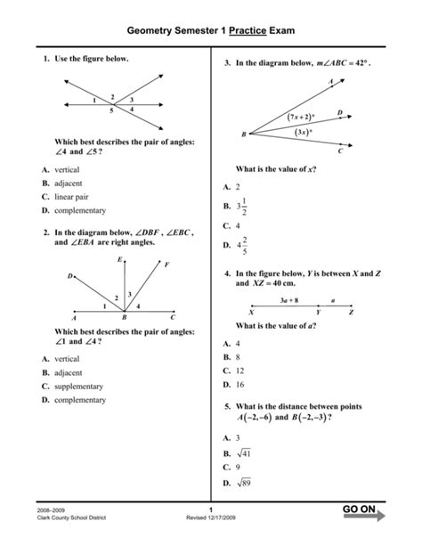 Geometry Semester 1 Practice Exam GO ON