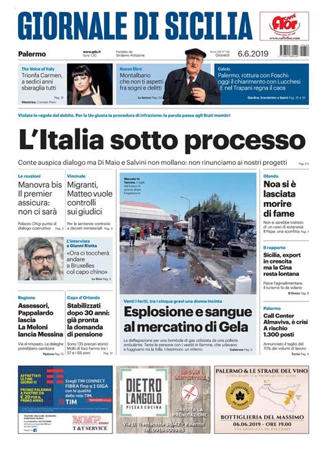 Giornale: La prima pagina del Giornale di Sicilia oggi in edicola