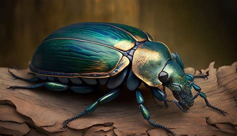 Premium AI Image | A green beetle with gold and green wings sits on a ...