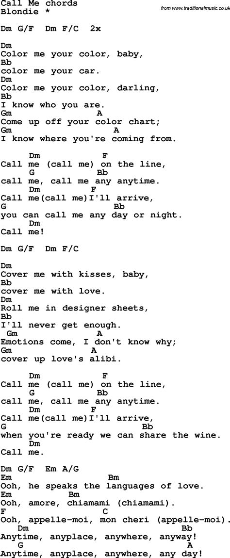 Song lyrics with guitar chords for Call Me