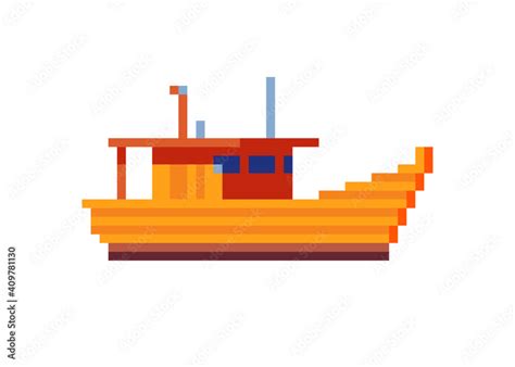 Fishing wooden boat pixel art icon. Isolated vector illustration. 8-bit ...