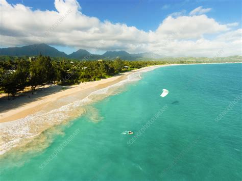 Aerial view of a kitesurfer, Kailua Beach, Oahu, Hawaii, USA - Stock ...