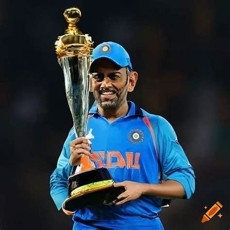 Image of ms dhoni lifting the 2023 cricket world cup trophy on Craiyon