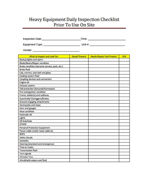 Equipment Inspection Checklist Template Excel