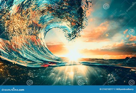 Sunset Ocean Surfing Wave Lip Against Sunlight Stock Image - Image of ...