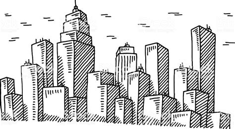 Hand-drawn vector drawing of a Big City Skyline. Black-and-White ...