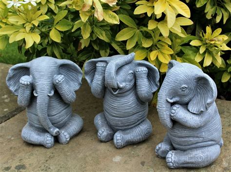 3 WISE ELEPHANTS GARDEN ORNAMENTS DECORATIVE OUTDOOR HEAR, SEE AND ...