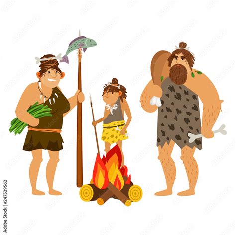 Cartoon cavemen family. Caveman characters prepare food at fire, stone ...