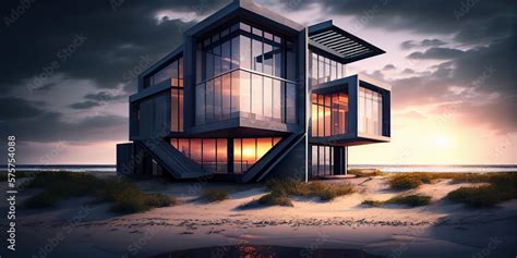 Modern house with panoramic windows on the beach. Modern beach house ...