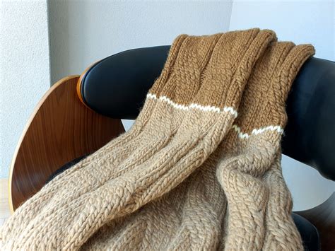 Wool Knit Blanket Brown Beige Knitted Striped Throw - Etsy