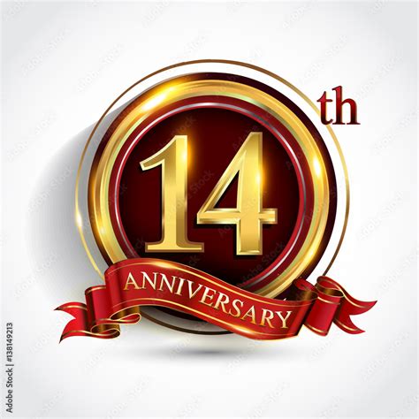 14th anniversary logo with ring and ribbon golden colored isolated on ...