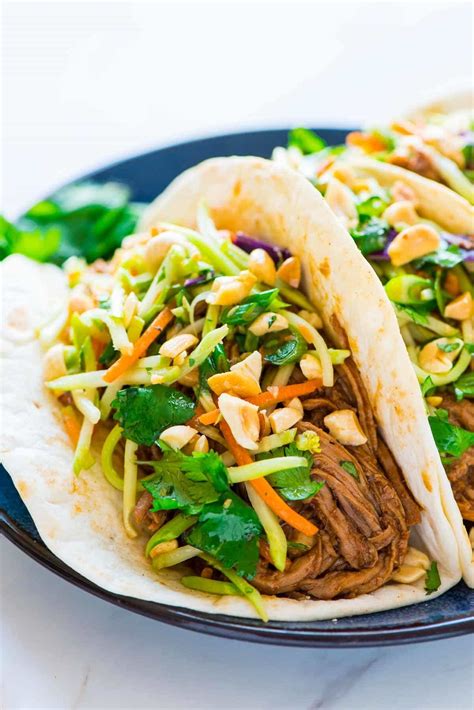 Asian Pulled Pork Tacos with Peanut Broccoli Slaw | Slow Cooker Pork Recipe