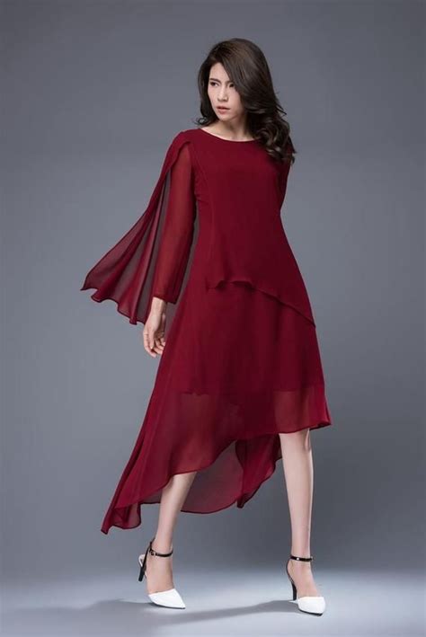 Chiffon dress, wine red dress, formal layered dress, bridesmaid dress ...