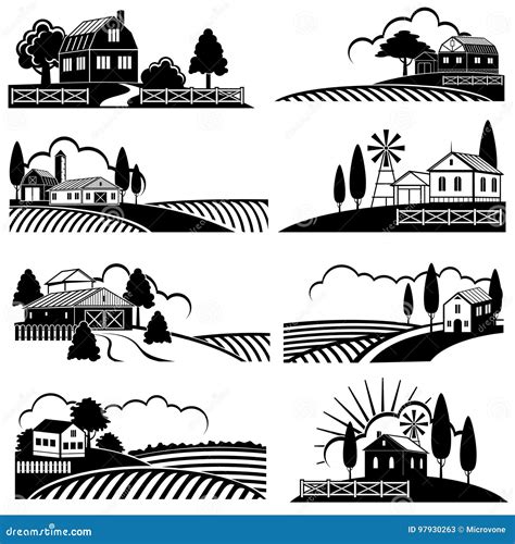 Farm Landscape, Windmill On Field, Rural Countryside. Cartoon Modern ...