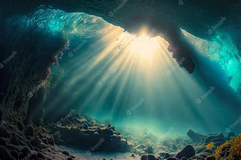 Premium Photo | Beaful underwater cave on ocean floor with sunlight ...