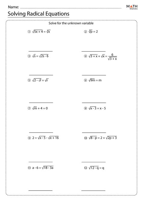 Solving Radical Equations Worksheets - Math Monks