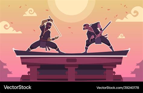 Ninja fight cartoon scene with ancient japanese Vector Image