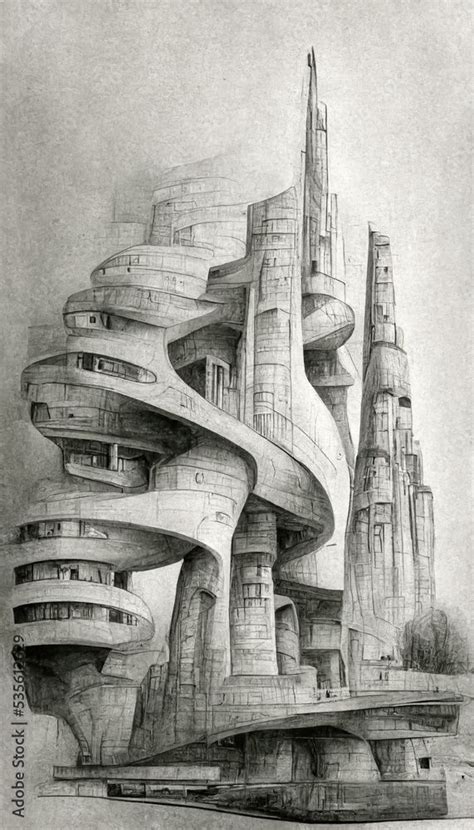 Futuristic Surreal Urban Architecture Drawing