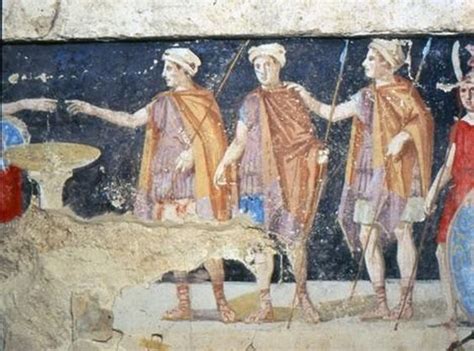 An ancient Macedonian fresco depicting soldiers armed with spears, from ...