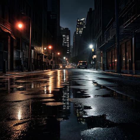 Premium AI Image | Rain on road street in dark night