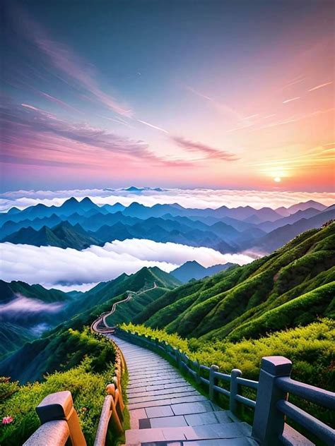 a path leading to the top of a mountain with clouds and mountains in ...