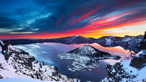 HD wallpaper: Crater Lake, beautiful winter, snow, sunrise, mountains ...