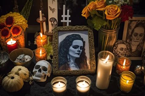 Premium AI Image | Day of the dead altar with candles offerings and ...