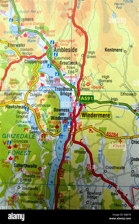 Road Map of Windermere and the Lake District, Cumbria, England Stock ...