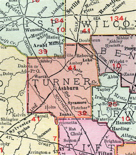 Turner County, Georgia, 1911, Map, Ashburn, Sycamore, Rebecca, Dakota ...