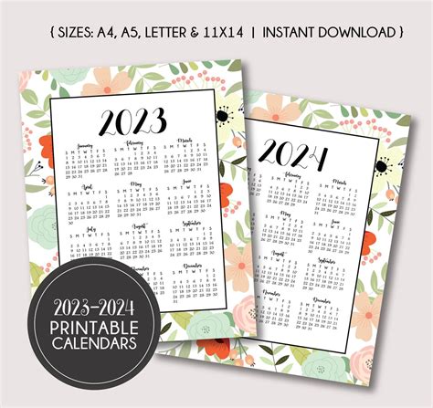 Floral 2023-2024 Yearly Calendar, Printable Calendar, Instant Download ...