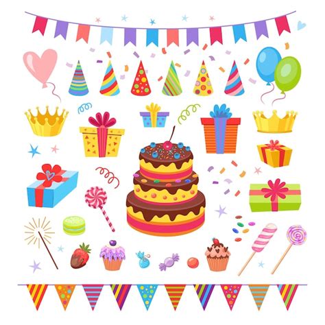 Premium Vector | Cute birthday party elements illustrations set. Cake ...