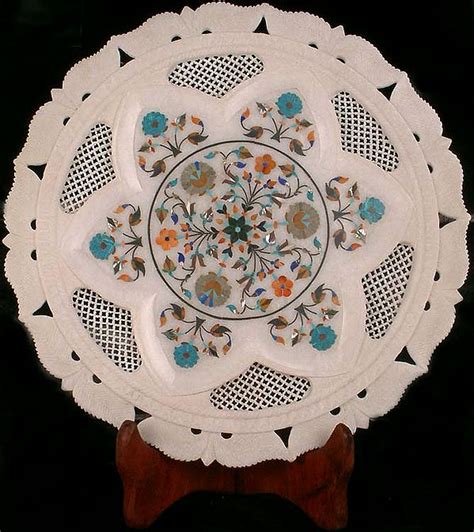 Taj Mahal Floral Inlay Work on White Makrana Marble | Exotic India Art