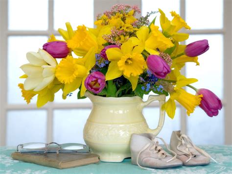 Yellow Daffodils and pink Tulips with white flower vase HD wallpaper ...