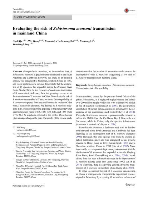 (PDF) Evaluating the risk of Schistosoma mansoni transmission in ...