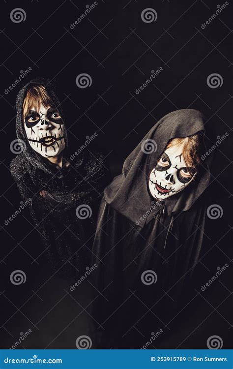 Two Kids with Scary Face Paint at Halloween Stock Image - Image of face ...