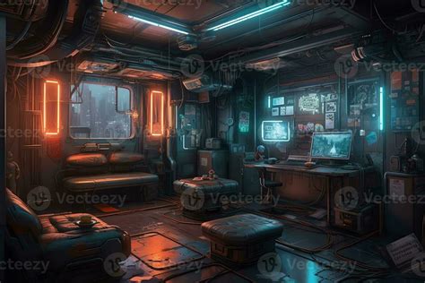 Futuristic guy room in cyberpunk dystopia concept art illustration ...