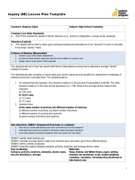 Inquiry Based Lesson Plan Template 0 | PDF | Isotope | Proton