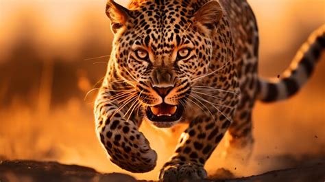 Premium Photo | A Leopard Sprinting Across the Savannah at Dusk with ...