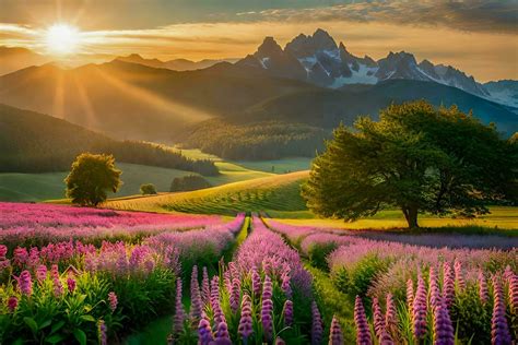 Landscape nature background with beautiful flowers, mountain and ...