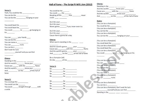 Hall of fame - lyrics to complete - ESL worksheet by Miss K