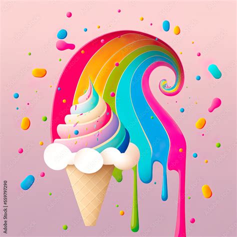 Cartoon Rainbow Ice Cream in Cone on rainbow background Stock ...