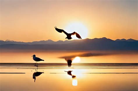 Premium Photo | Two birds flying in front of a sunset