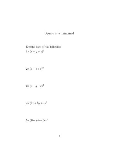 Square of a Trinomial worksheet (with solutions) | Teaching Resources