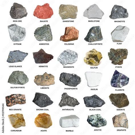 Set of isolated minerals and stones. Iron ore, sandstone, apatite ...