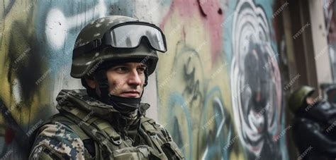 Premium AI Image | A soldier stands in front of a graffiti covered wall.